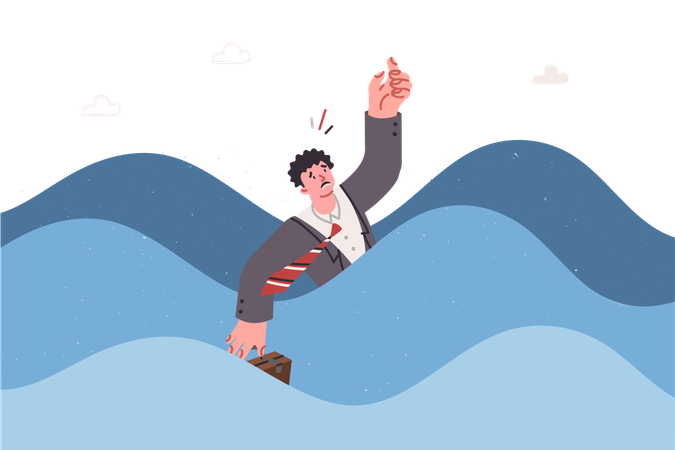 Business man drowning in sea  Illustration