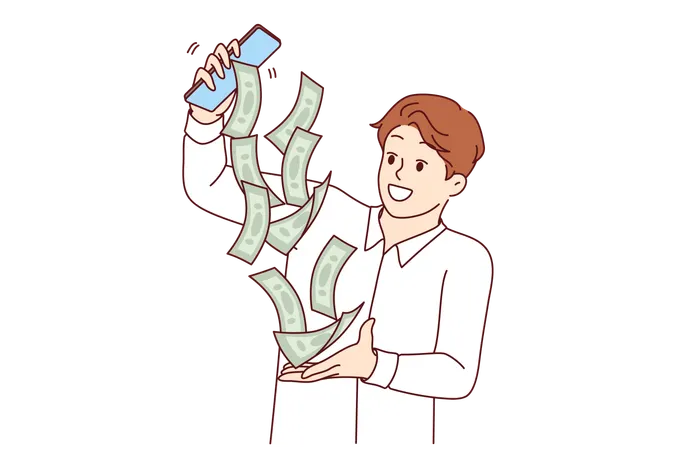Business man earns money through mobile phone and receives cash pouring out of smartphone screen  Illustration