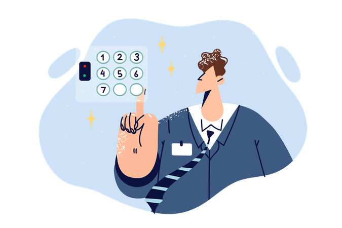 Business man enters password by pressing number buttons with finger to gain access  Illustration