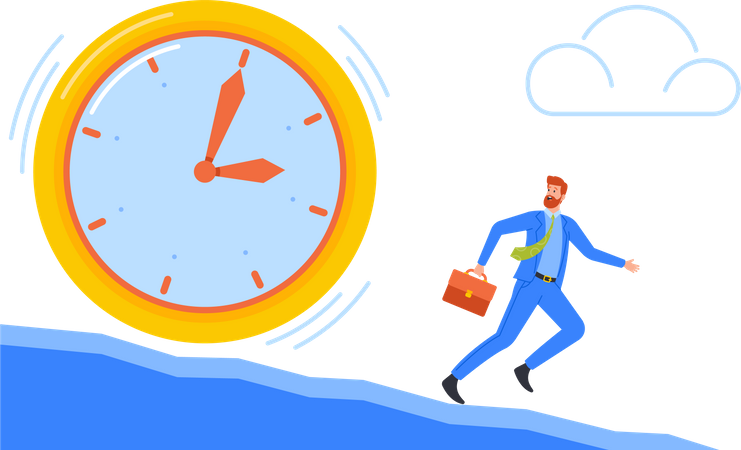 Business Man Escape from Huge Clock Rolling Down from Mountain  Illustration
