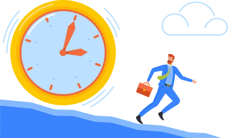 Business Man Escape from Huge Clock Rolling Down from Mountain Illustration