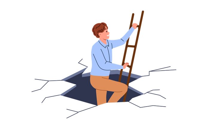 Business man escapes from difficult situation showing courage and climbing stairs from abyss  Illustration