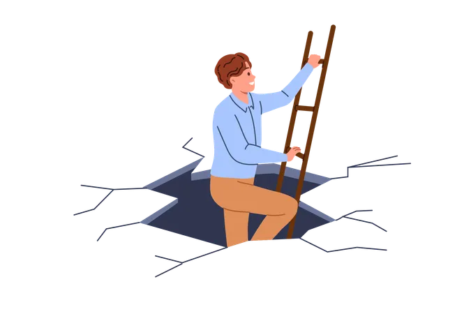 Business man escapes from difficult situation showing courage and climbing stairs from abyss  Illustration
