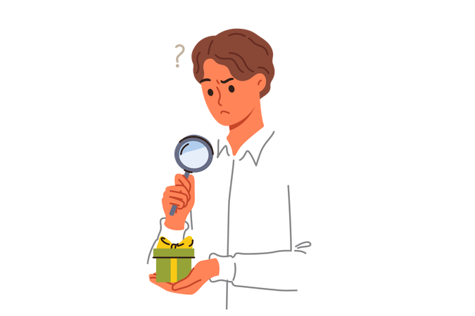 Business man examines suspiciously small gift box using magnifying glass to spot catch  イラスト