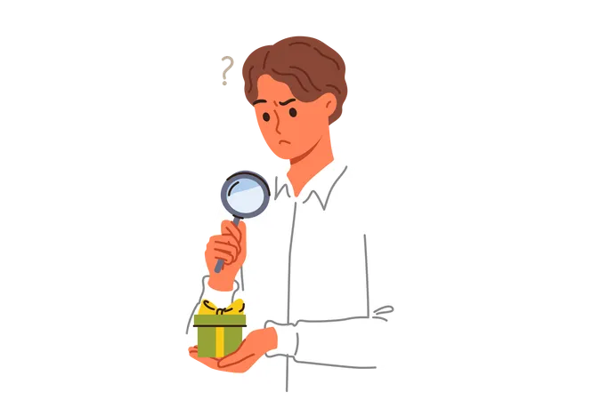 Business man examines suspiciously small gift box using magnifying glass to spot catch  イラスト