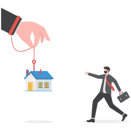 Financial Trap Business People Falling Victim To Home Loans Trap In Hand Place For Bait Fishing Hook Holding In Hand Man Illustration