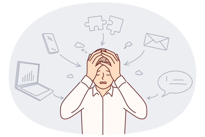 Business man feels headache puts hands on head feeling pressure from overwork and burnout  Illustration