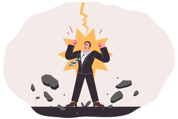 Business man feels power and energized by lightning strike and desire to achieve goal at any cost  Illustration