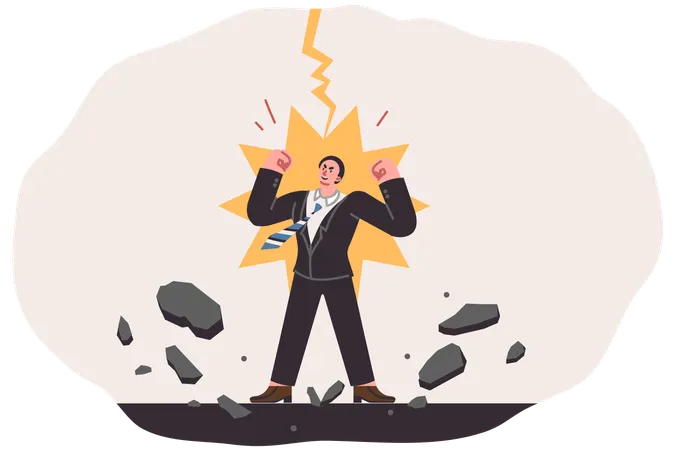 Business man feels power and energized by lightning strike and desire to achieve goal at any cost  Illustration