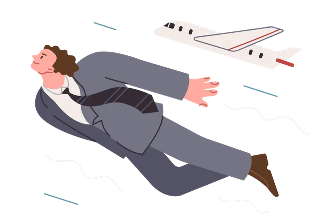 Business Man Flies In Sky Near Airplane Symbolizing Professional Development And Ambition To Achieve Company Goals Guy Makes Business Trip To Negotiate With Corporate Partners Or Open New Branch Illustration