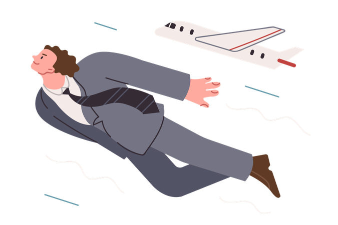 Business man flies in sky near airplane  Illustration