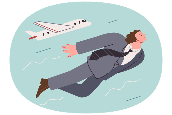 Business man flies in sky near airplane symbolizing professional development and ambition  Illustration