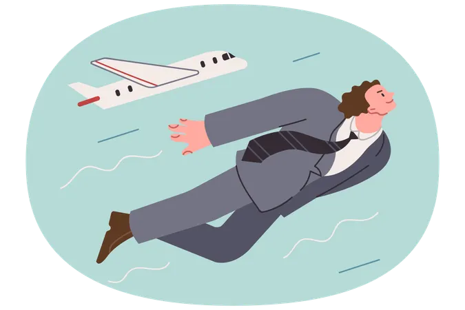 Business man flies in sky near airplane symbolizing professional development and ambition  Illustration