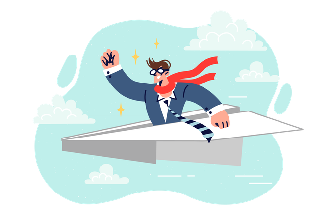 Business man flies on paper plane  Illustration