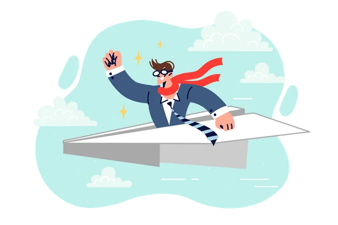 Business Man Flies On Paper Plane On Corporate Trip To Conclude Lucrative Contract With Partners Delighted Businessman Takes Off On Important Business Trip To Conclude Profitable Deal Illustration