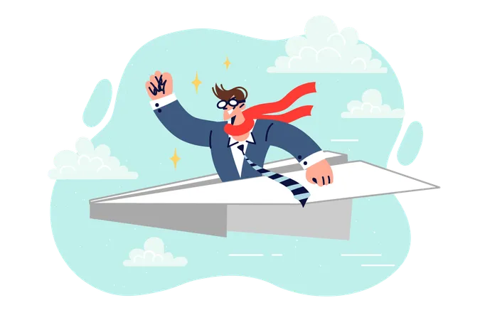 Business man flies on paper plane  Illustration