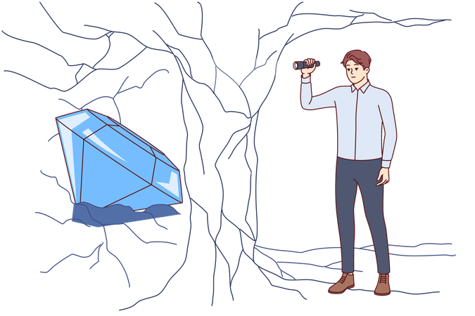 ビジネスマンが洞窟の中で宝物やダイヤモンドを発見。勇気と野心への報酬を象徴する  イラスト