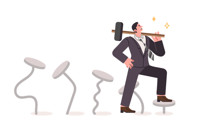 Business man gains professional skills through perseverance and holding sledgehammer standing on nails  Illustration