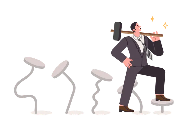 Business man gains professional skills through perseverance and holding sledgehammer standing on nails  Illustration