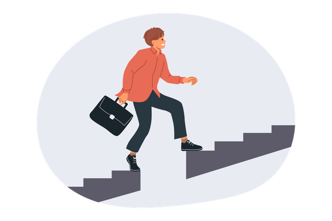 Business man grows professionally by climbing up stairs and overcoming obstacles from missing steps  Illustration