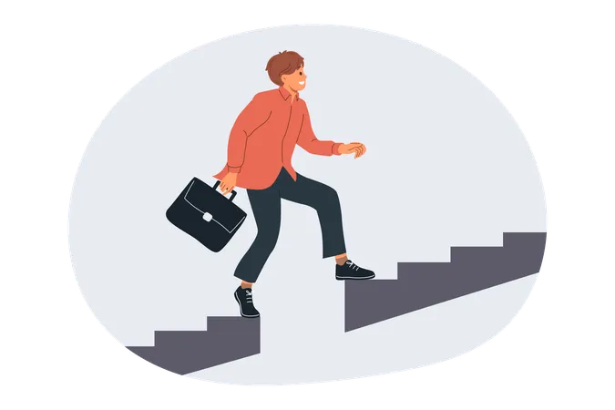Business man grows professionally by climbing up stairs and overcoming obstacles from missing steps  Illustration