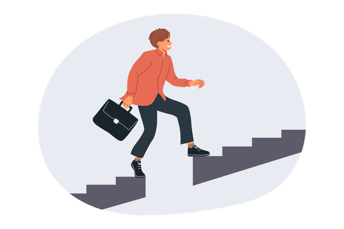 Business man grows professionally by climbing up stairs and overcoming obstacles from missing steps  일러스트레이션