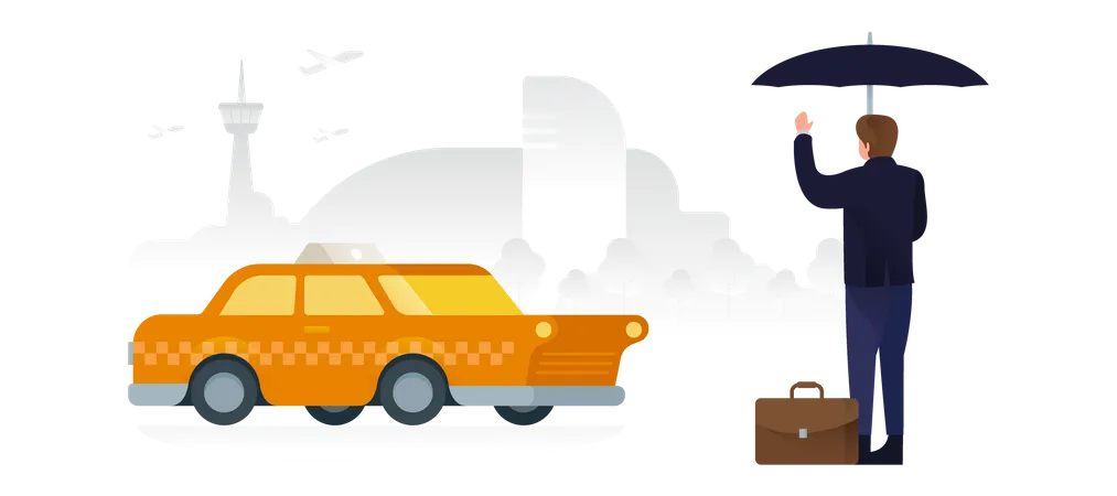 Business Man Hailing A Taxi For Airport  Illustration