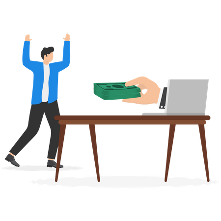 Business man hand giving money banknote to happy employee  Illustration