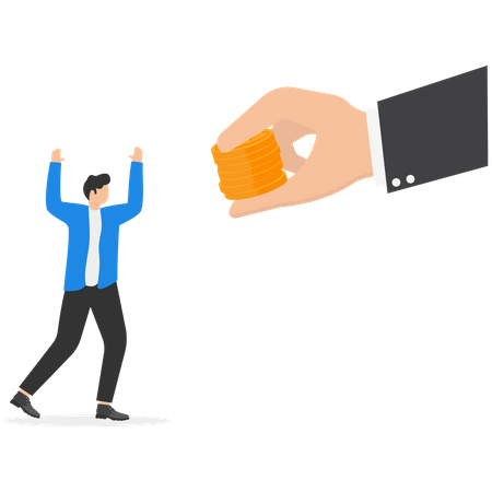 Business man hand giving money dollar coins to happy employee  Illustration