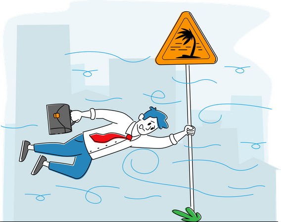 Business Man Hanging on Road Sign with Palm Tree Blown with Strong Windy Autumn Weather  Illustration