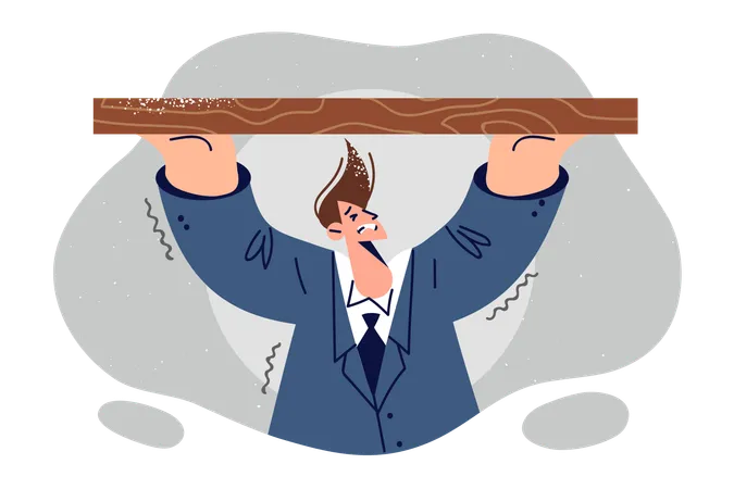 Business man hangs from wooden beam and refuses to give up showing determination  Illustration