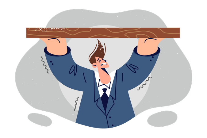 Business man hangs from wooden beam and refuses to give up showing determination  Illustration