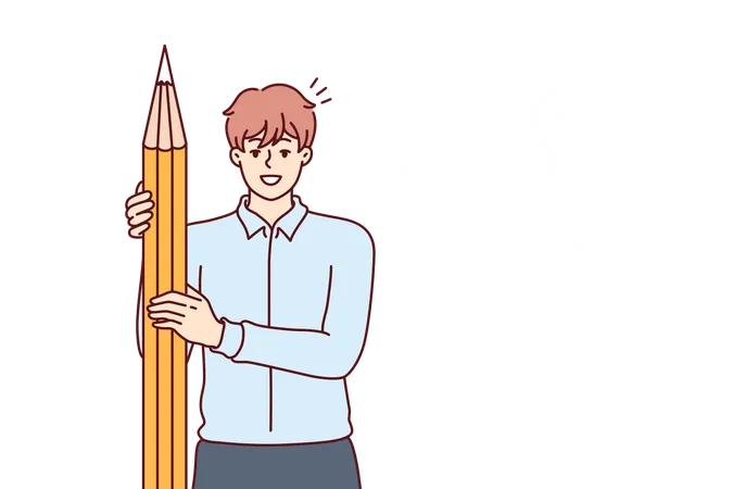 Business Man Has Come Up With Idea To Attract Clients And Holding Giant Pencil Standing Near Drawing Of Light Bulb Guy Student Rejoices At Idea Of Writing A Successful Thesis For Final Exam Illustration
