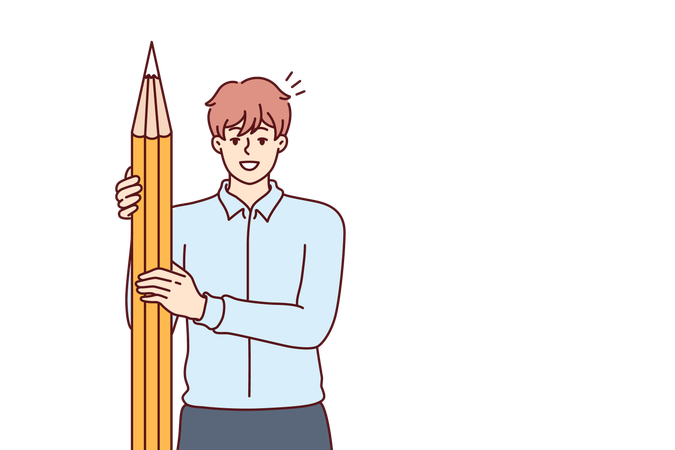 Business man has come up with idea and holding giant pencil standing near drawing of light bulb  Illustration