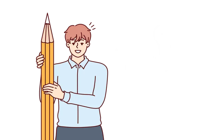 Business man has come up with idea and holding giant pencil standing near drawing of light bulb  Illustration