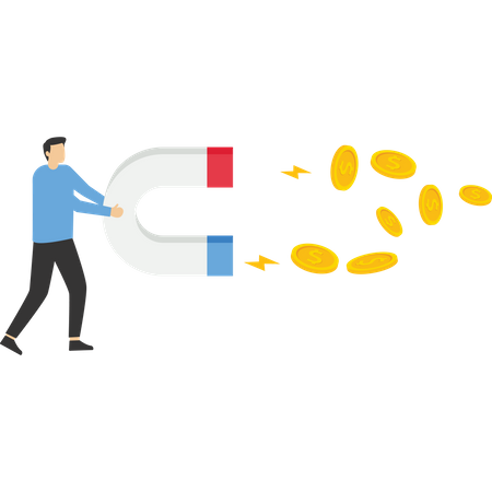 Business man holding magnet and pulling coin money  Illustration