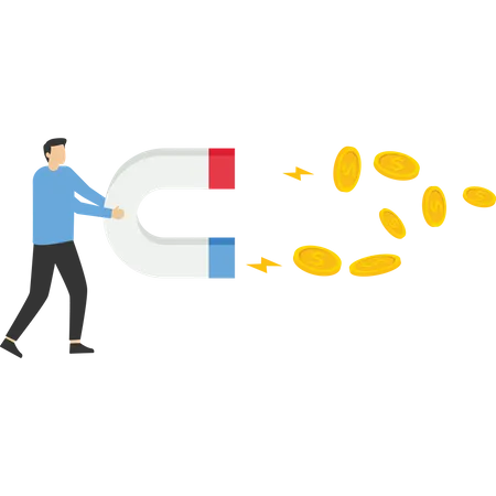 Business man holding magnet and pulling coin money  Illustration