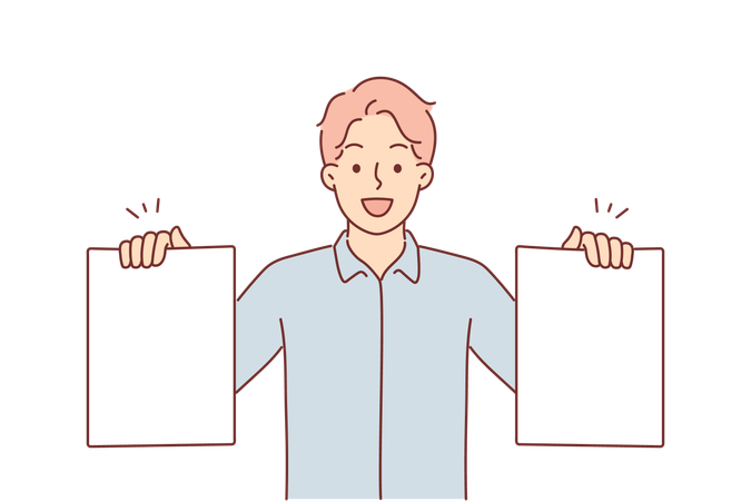 Business man holding two blank sheets  Illustration