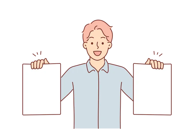 Business Man Is Holding Two Blank Sheets Of Paper Offering To Make Choice Or Creation Plan For Company Happy Guy Smiles And Shows Different Business Documents For Advertising Inscriptions Illustration