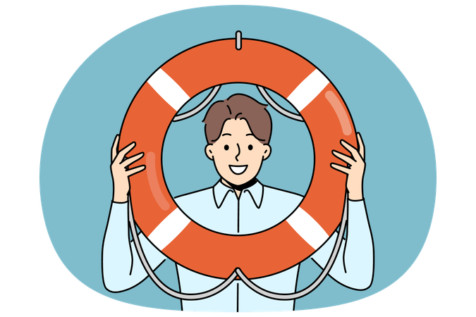 Business man holds lifeline offering help and crisis management services to companies in bankruptcy  Illustration