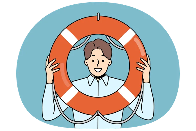 Business man holds lifeline offering help and crisis management services to companies in bankruptcy  Illustration