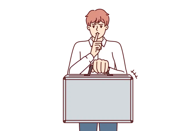 Business Man Holds Suitcase And Calls For Silence Without Disclosing Terms Of Contract And NDA Rules For Company Employees Concept Of Giving Bribe Or Selling Insider Information For Business Purposes Illustration