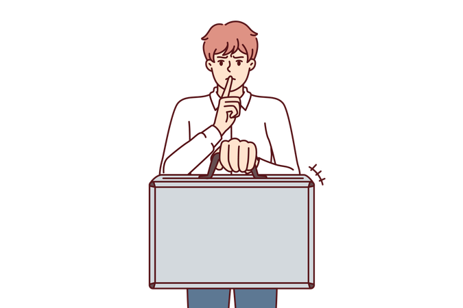 Business man holds suitcase and calls for silence without disclosing terms of contract  Illustration