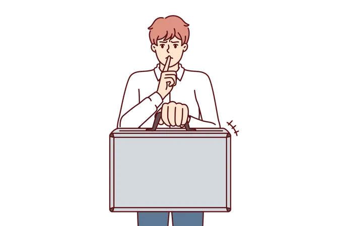 Business man holds suitcase and calls for silence without disclosing terms of contract  Illustration