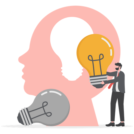 Business man in a suit holding a light bulb on top head human change idea  Illustration