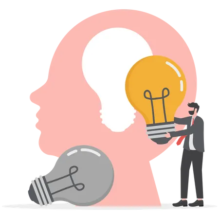 Business Man In A Suit Holding A Light Bulb On Top Head Human Chang Idea Concept Illustration