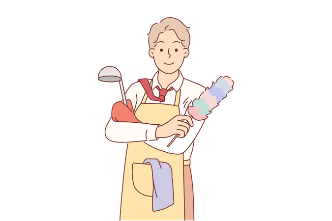 Business Man In Housewife Apron Is Doing Housework And Cleaning Or Cooking After Returning From Work Guy In Formal Clothes Holds Scrubber And Brush For Housework While Wife Is Away From Home Illustration