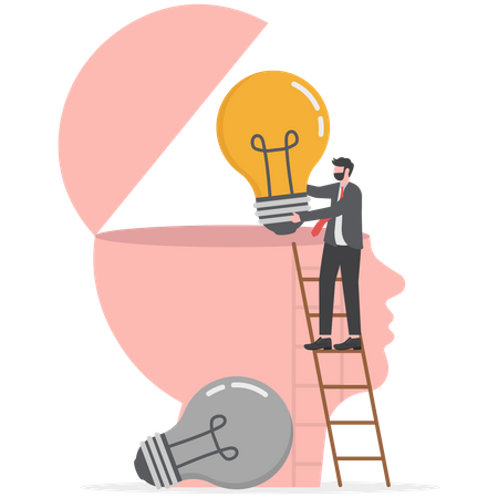 Business Man In Suit Holding Light Bulb On Top Head Human Change Idea  Illustration