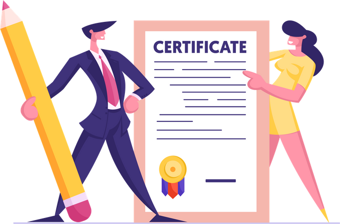 Business Man in Suit with Pencil and Young Woman Holding Insurance Certificate Illustration