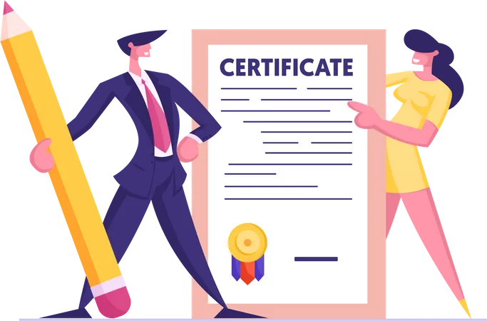 Business Man in Suit with Pencil and Young Woman Holding Insurance Certificate Illustration